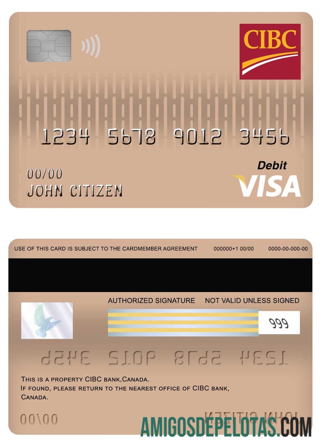 Cartão de débito Visa do Canadá CIBC Bank exemplo real